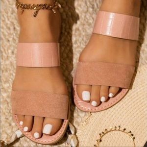 Blush Croc and Faux Suede Slide Sandals